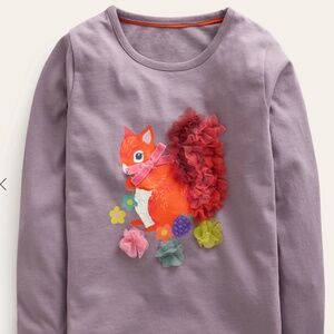 Mini Boden - Girls Cotton Purple Squirrel Appliqué Long Sleeve Shirt, Size 4-5
